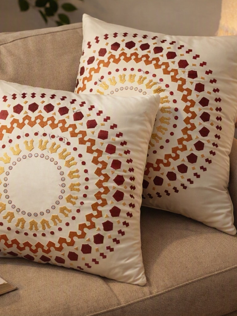 Pier 1 Set Of 2 Cream Decorative Pillows with Gold & Rust Medallion Embroidery